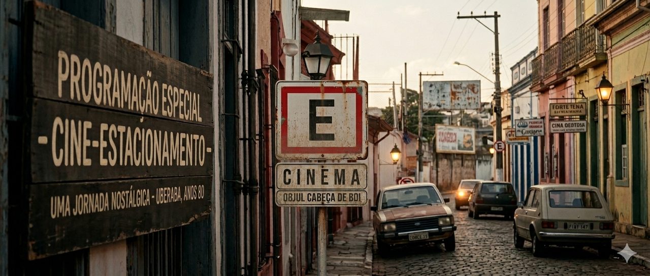 Rua de centro histórico ao entardecer, com placa Cine-Estacionamento — programação especial, uma jornada nostálgica.