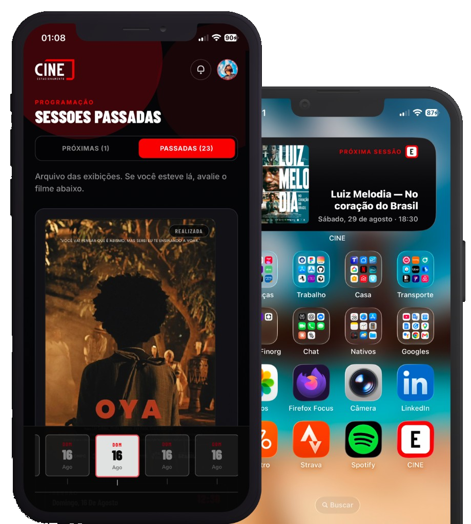 App Cine Estacionamento e widget da próxima sessão no iPhone
